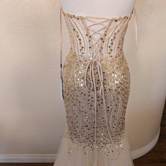 Champagne Gold Sequined Corset Prom Homecoming Mermaid Dress 4 - Picture 6 of 6